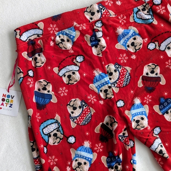 Novogratz Lounge Joggers Frenchie Winter Print Plush Elastic Waist Red M NWT - Picture 10 of 15